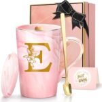 Personalized Pink Initial Ceramic Coffee Mug with Lid, Spoon & Gift Box – 14oz Custom Women's Gift – Bundle of 10
